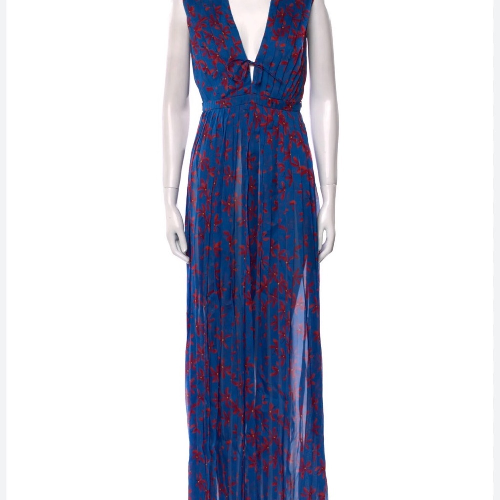 Raquel Diniz Silk Floral Blue & Red Long Dress, Size 42